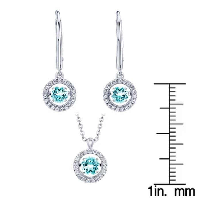 Dancing Aquamarine and Lab Created White Sapphire Pendant and Earring Set in Sterling Silver