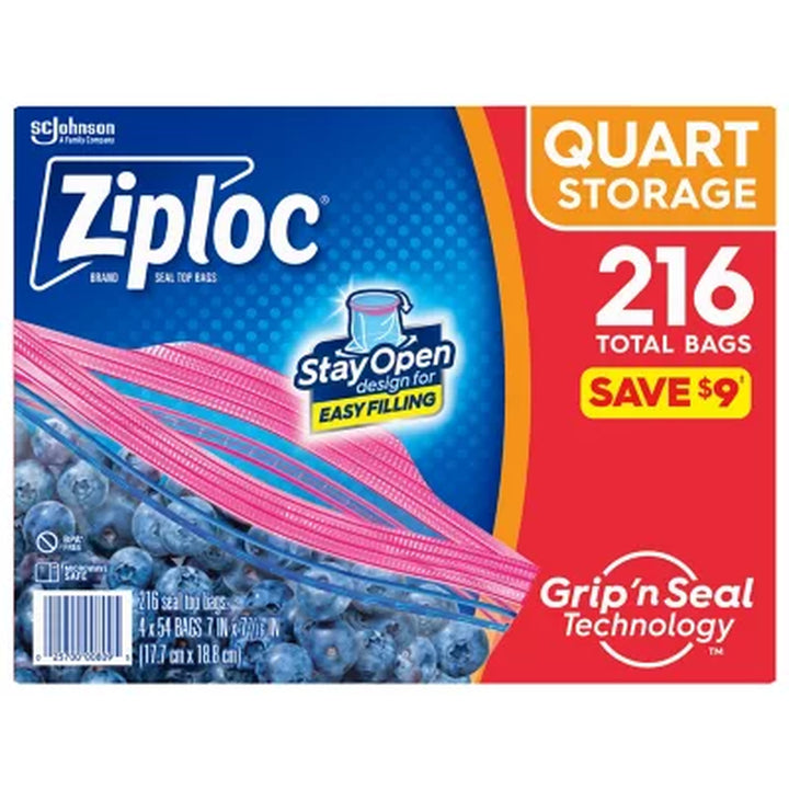 Ziploc Storage Quart Bags with New Stay Open Design, 216 Ct.