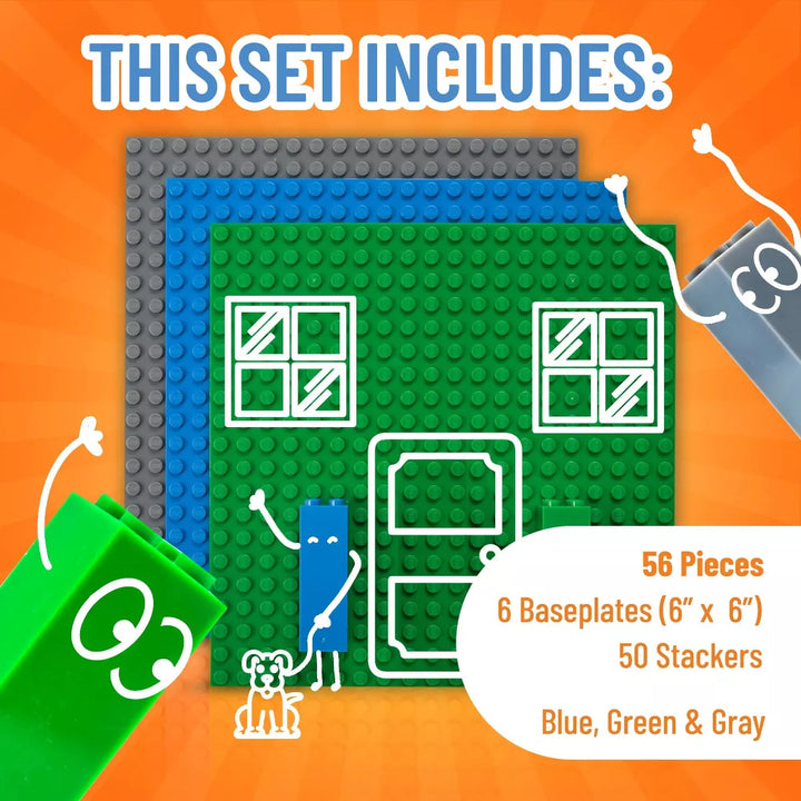 Strictly Briks Classic Stackable Baseplates 6X6 Inch Brik Tower - 6 Baseplates & 50 Stackers - Blue, Green & Gray