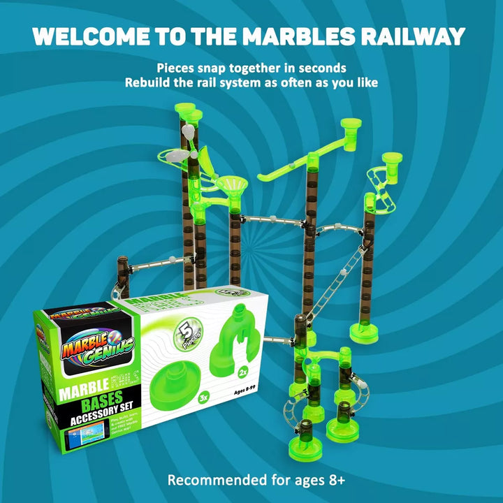 Marble Genius Marble Rails Bases Set: 5 Piece Marble Run (3 Small round Bases, 2 Wide Arches), Add-On for Marble Rails