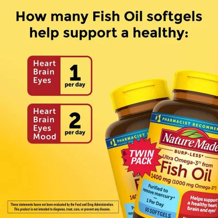 Nature Made Burp-Less Ultra Omega 3 from Fish Oil 1400 Mg. Softgels 65 Ct., 2Pk.