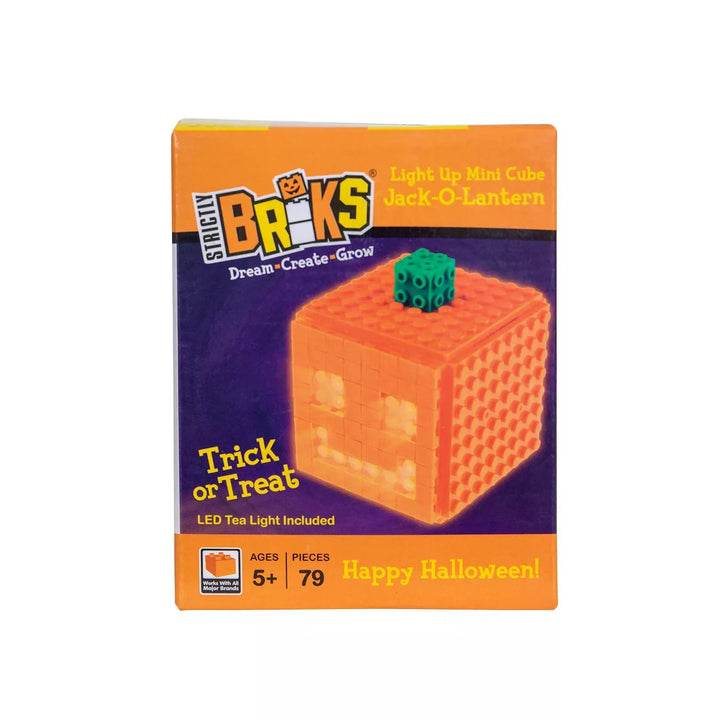 Strictly Briks 3D Toy Building Bricks & Blocks, Light up Mini Cube Jack-O-Lantern, 79 Pieces with LED Light