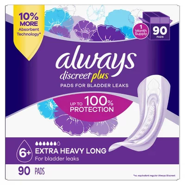 Always Discreet plus Incontinence Pads for Women, Extra Heavy Long, 90 Ct.