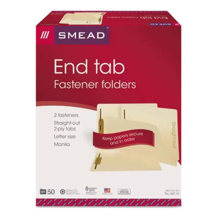 Smead Reinforced Straight End Tab Two Fastener Heavyweight File Folder, Manila Letter, 50Ct.