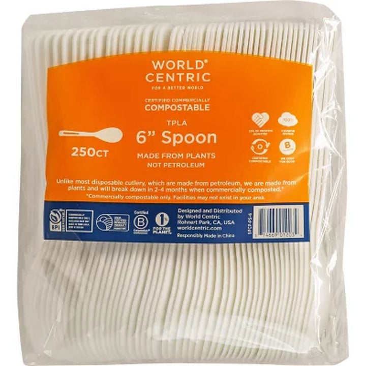 World Centric TPLA Compostable Plant-Based Spoons, 6" 250 Ct.