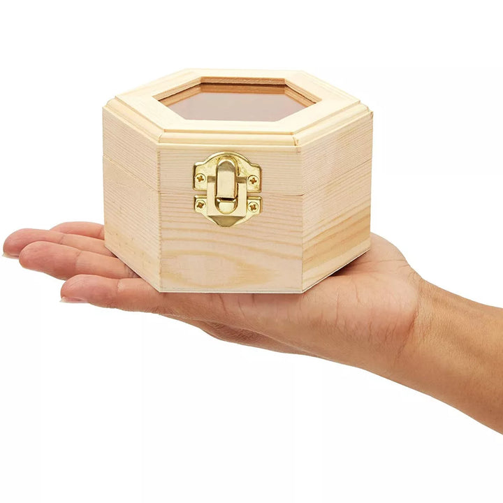 Juvale 3 Pack Unfinished Hexagon Wooden Box with Window and French Buckle for DIY Crafts, Jewelry Stroage and Wedding Souvenirs