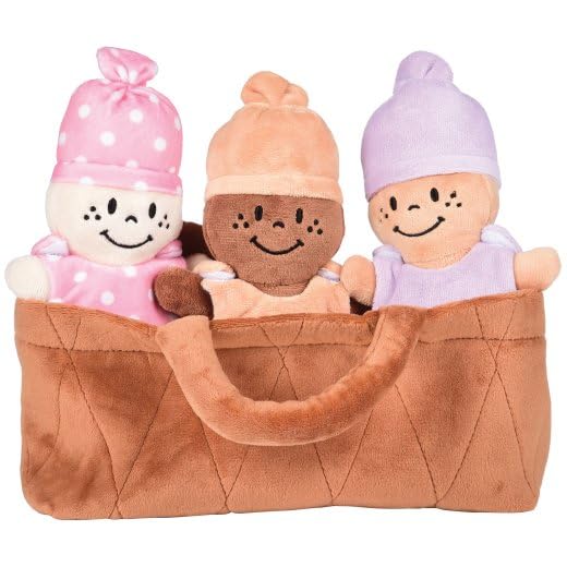 Creative Minds Basket of Babies with 3 Super Soft 9" Plush Doll Toys for Babies and Kids, Plush Multicultural Sensory Babies Toy Set with Basket, Orange, Purple, Pink 3 Pack