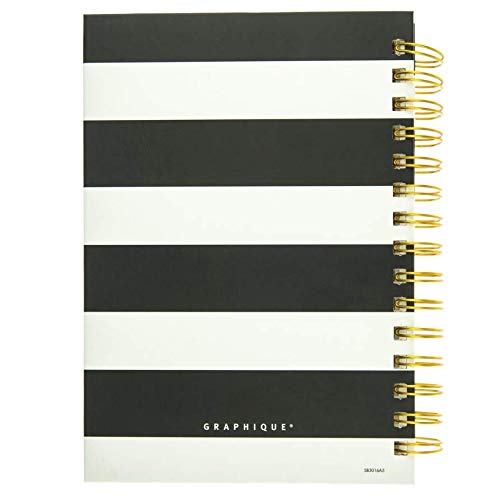 Graphique Classic Charm Hard Cover Journal w/ Elegant Black and White Stripes & "Happy Thoughts" in Embellished Gold Foil Across the Cover, 160 Ruled Pages, 6.25" x 8.25" x 1"