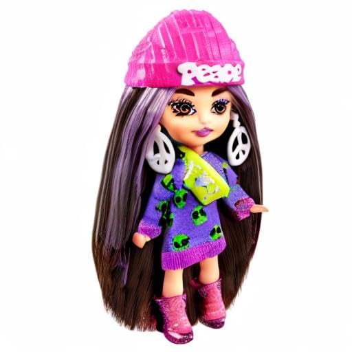 Barbie Extra Mini Minis Doll with Brunette Hair, Alien Sweater Dress & Peace Sign-Themed Accessories & Stand, 3.25-inch 3.25 inch (Pack of 1) Alien Print