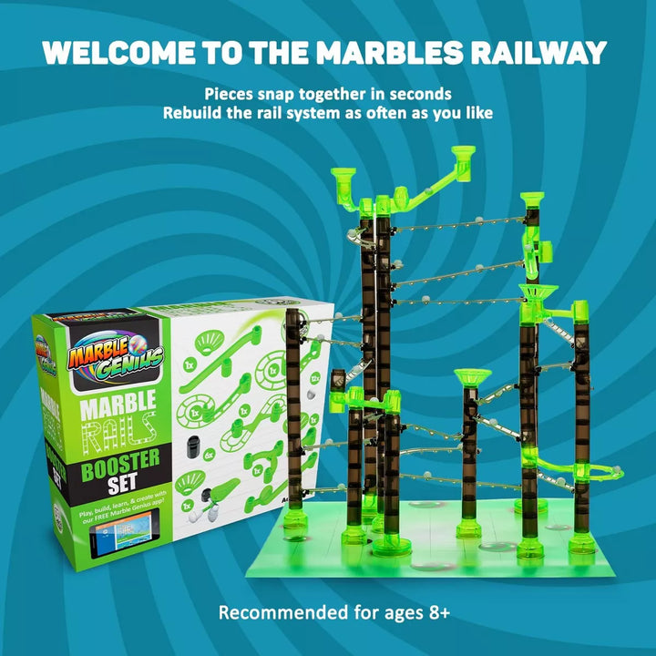 Marble Genius Marble Rails Booster Set: 30 Piece Marble Run (Includes 12 Plastic Marbles), Add-Ons for Marble Rails Building Sets