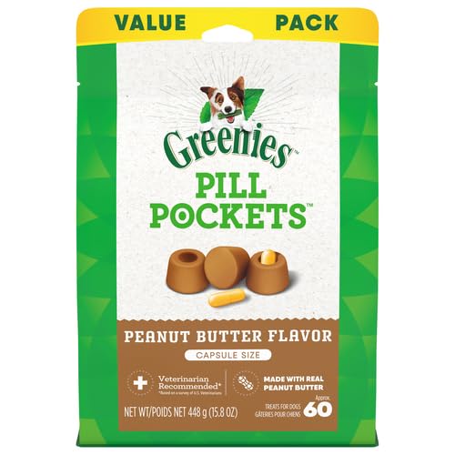 Greenies Pill Pockets for Dogs Capsule Size Natural Soft Dog Treats with Real Peanut Butter, 15.8 oz. Pack (60 Treats) 60 Count (Pack of 1)