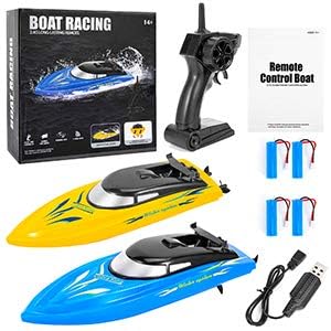 2-Pack High-Speed RC Boats for Pools and Lakes - 10km/h 2.4G Remote Control Boats for Kids and Adults, Fast RC Boats with 4 Rechargeable Batteries (Blue+Yellow)