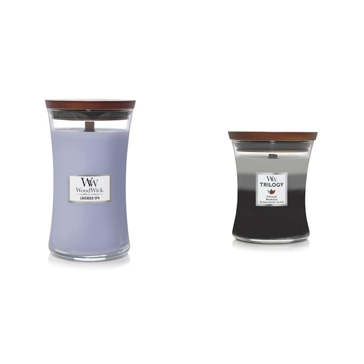 WoodWick Lavender Spa Large Hourglass Candle and WoodWick Warm Woods Medium Hourglass Trilogy Candle