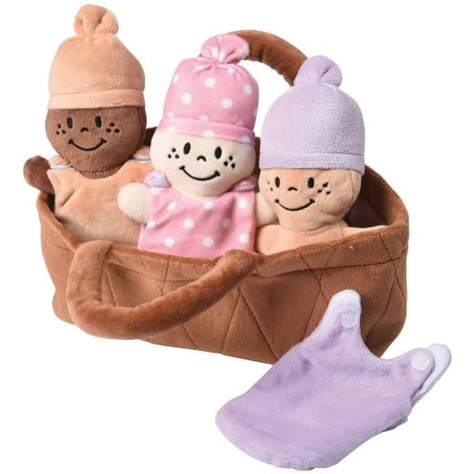 Creative Minds Basket of Babies with 3 Super Soft 9" Plush Doll Toys for Babies and Kids, Plush Multicultural Sensory Babies Toy Set with Basket, Orange, Purple, Pink 3 Pack