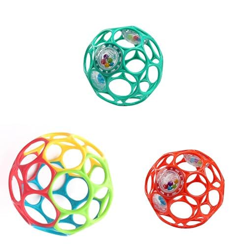 Bright Starts Oball Easy-Grasp Rattle BPA-Free Infant Toy, Baby Ball & Teether Set, Age Newborn and up, 4 Inches Red/Yellow/Teal 3-pack