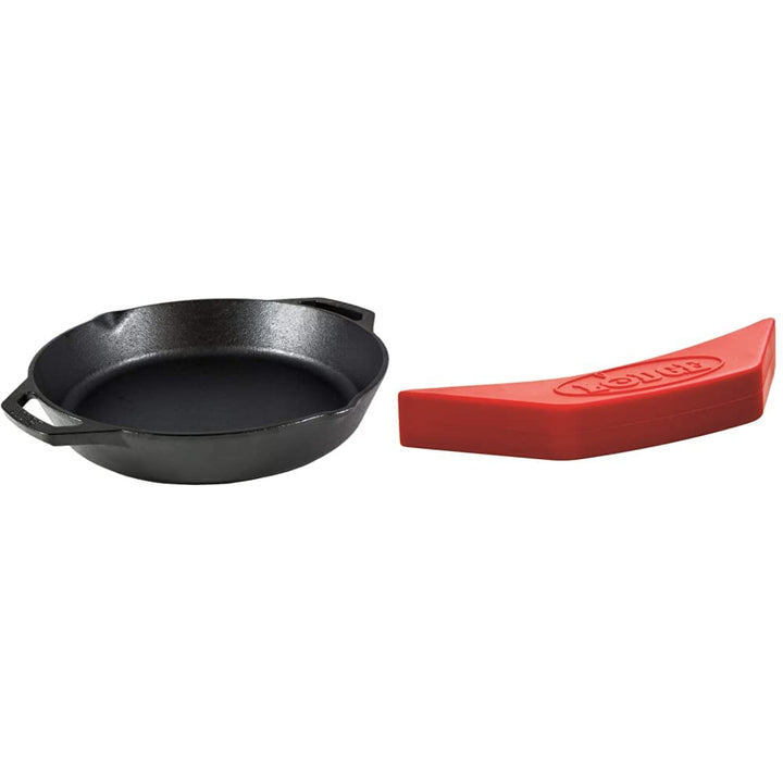 Lodge L10SKL Cast Iron Pan, 12", Black & ASAHH41 Silicone Assist Handle Holder, Red 12 Inch Handle Pan + Holder, Red