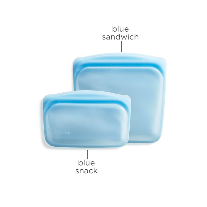 Stasher Reusable Silicone Storage Bag, Food Storage Container, Microwave and Dishwasher Safe, Leak-free, Sandwich + Snack Bundle 2-Pack, Blue