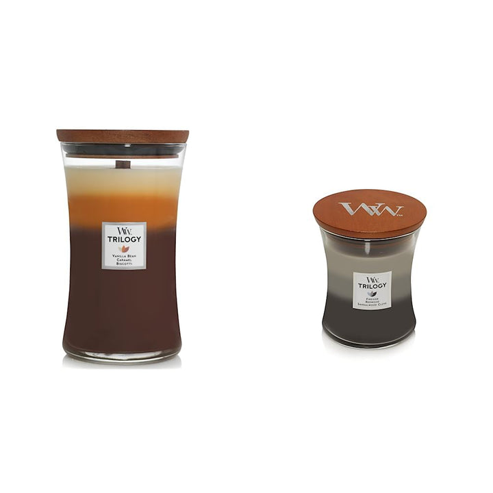 WoodWick Café Sweets Large Hourglass Trilogy Candle & Warm Woods Medium Hourglass Trilogy Candle, 9.7 oz.