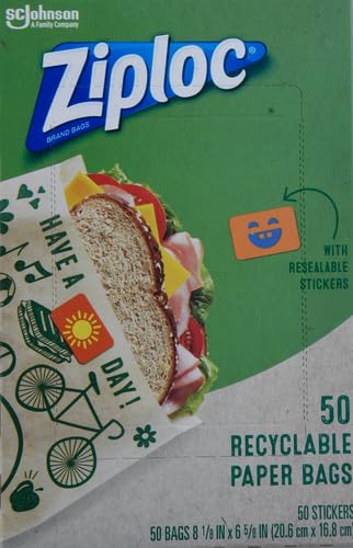 Ziploc Paper Sandwich and Snack Bags, Recyclable & Sealable with Fun Designs, 50 Count