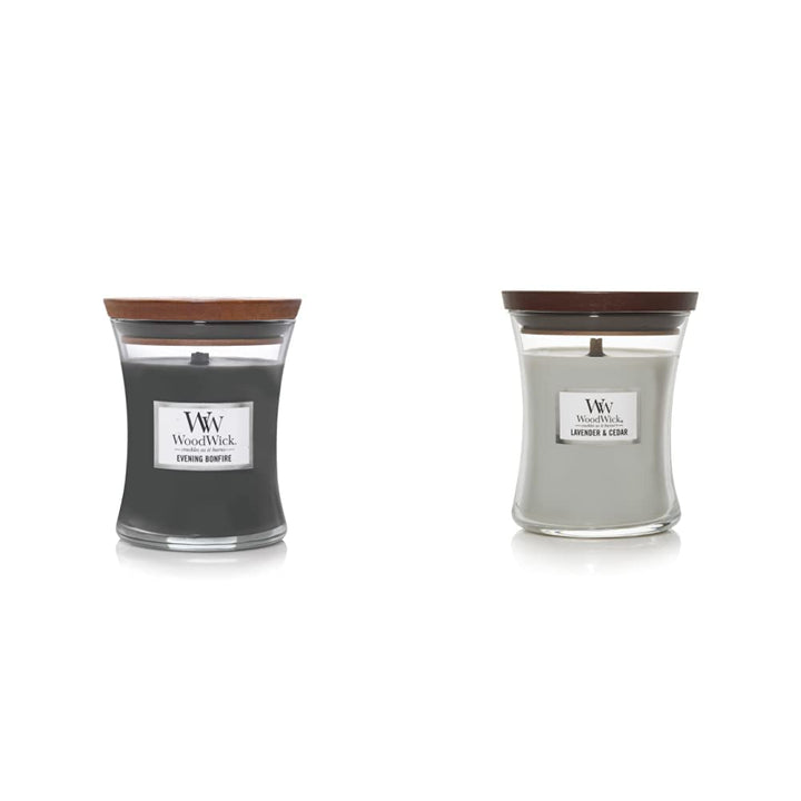 WoodWick Evening Bonfire (9.7 oz.) and Lavender & Cedar (9.7 oz.) Medium Hourglass Candles