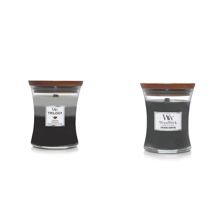 WoodWick Warm Woods Medium Hourglass Trilogy Candle (9.7 oz.) and WoodWick Evening Bonfire Medium Hourglass Candle (9.7 oz.)