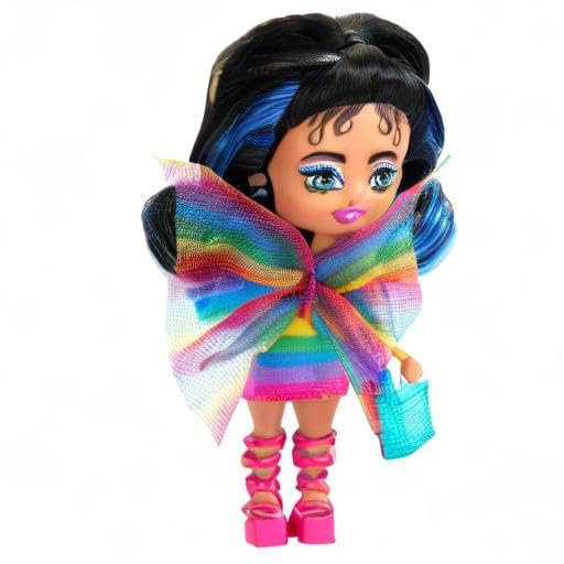 Barbie Extra Mini Minis with Blue-Streaked Black Ponytail Wearing Rainbow Dress & Accessories & Stand, 3.25-inch 3.25 inch