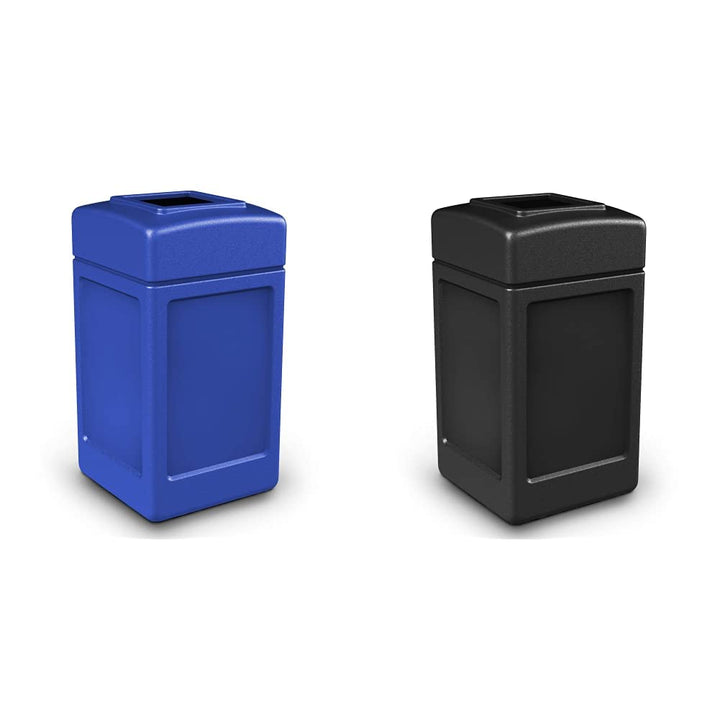 Commercial Zone Products 732104 Square Waste Container,Blue,42 Gallon & 732101 Open-Top Indoor/Outdoor Square 42 Gallon Large Waste Trash Container Bin, Black Waste bin,Blue + Trash Bin, Black