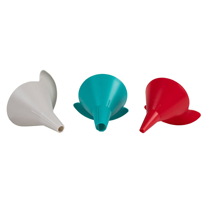 Hutzler Interlocking 3-Pc. Funnel Set: 4 oz, 5 oz, 7 oz, Red/White/Turquoise 4 oz, 5 oz, 7 oz.