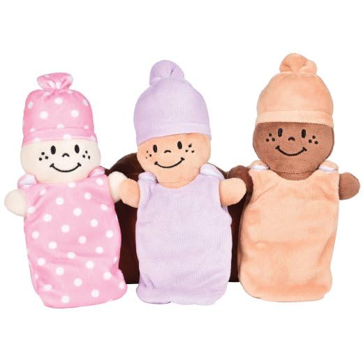 Creative Minds Basket of Babies with 3 Super Soft 9" Plush Doll Toys for Babies and Kids, Plush Multicultural Sensory Babies Toy Set with Basket, Orange, Purple, Pink 3 Pack