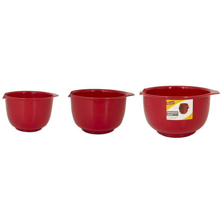 GLAD Mixing Bowls with Pour Spout, Set of 3 | Nesting Design Saves Space | Non-Slip, BPA Free, Dishwasher Safe Plastic | Kitchen Cooking and Baking Supplies, Red