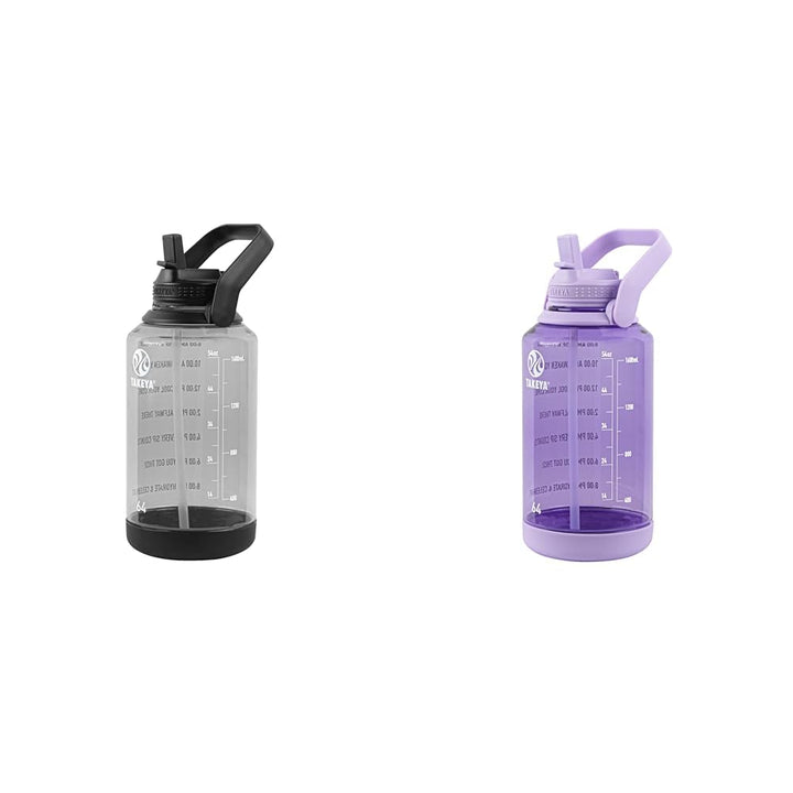 Takeya 64 oz Motivational Water Bottle Bundle with Straw Lid, Half Gallon, BPA Free Tritan Plastic, Stormy Black and Vivacity Purple