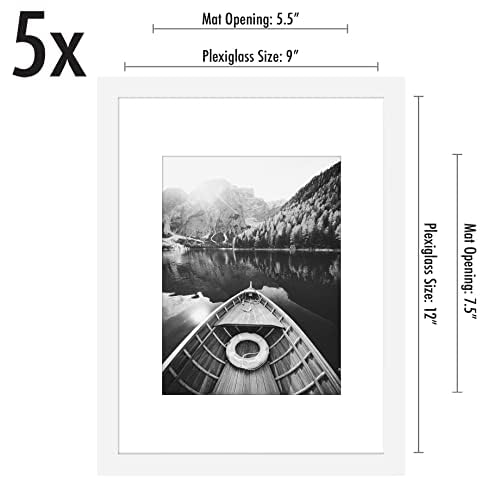 Americanflat 12x16 Picture Frame with Polished Plexiglass - Set of 5 - Use as 8.5x11 Frame with Mat or 12x16 Frame Without Mat - Galleria Collection - Gallery Wall Frame Set for Wall Display - White