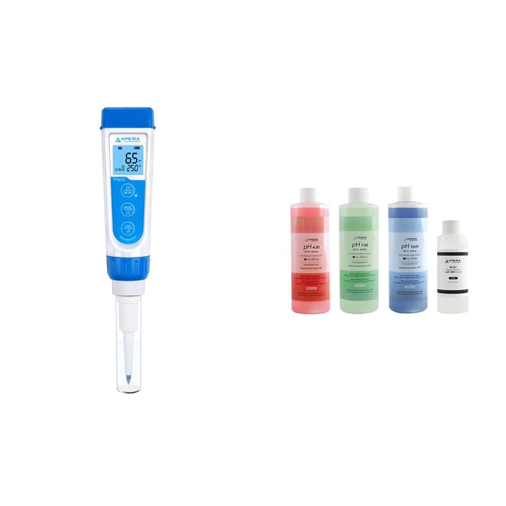 Apera Instruments Premium-Series PH60S Food pH Pocket Tester Kit & LLC-AI1109 8oz. pH Calibration Buffer Solution Kit (pH 4.00, 7.00 & 10.01) Spear Sensor Sensor + Solution Kit, LLC-AI1109 8oz.