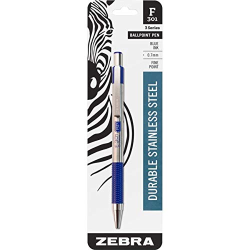 Zebra Pen F-301 Retractable Ballpoint Pen, Stainless Steel Barrel, Fine Point, 0.7mm, Blue Ink, 1-Pack