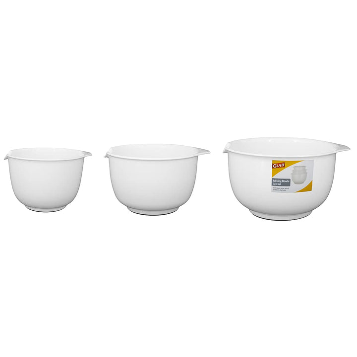 GLAD Mixing Bowls with Pour Spout, Set of 3 | Nesting Design Saves Space | Non-Slip, BPA Free, Dishwasher Safe Plastic | Kitchen Cooking and Baking Supplies, White