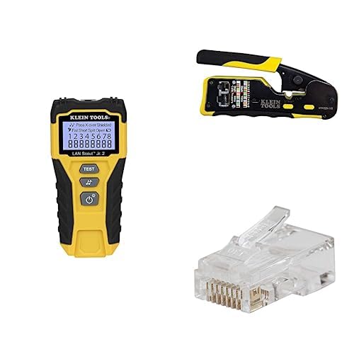 Klein Tools RJ45 Cable Tester Kit with LAN Scout Jr. 2, Coax Crimper/Stripper/Cutter Tool and Pass-Thru Modular Data Plug