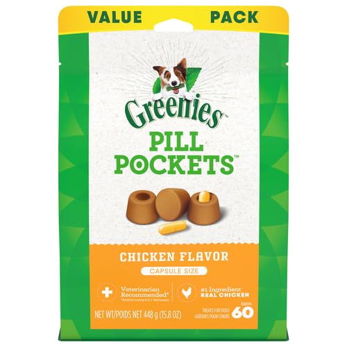 Greenies Pill Pockets for Dogs Capsule Size Natural Soft Dog Treats Chicken Flavor, 15.8 oz. Pack (60 Treats) 60 Count (Pack of 1)