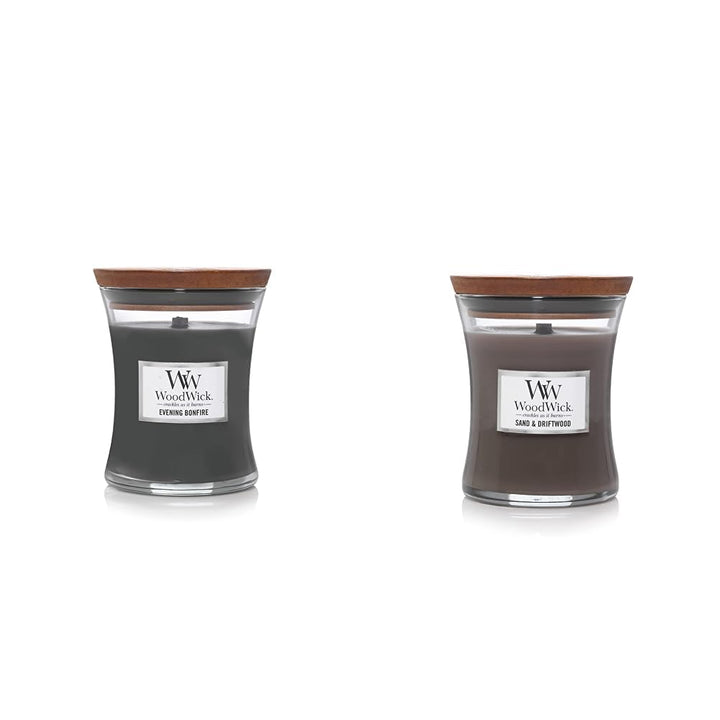 WoodWick Evening Bonfire (9.7 oz.) and Sand & Driftwood (9.7 oz.) Medium Hourglass Candles