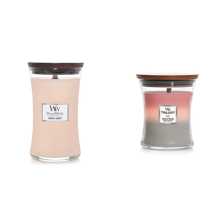 WoodWick Large Hourglass Candle Bundle - Coastal Sunset and Shoreline Trilogy (3 fragrances)