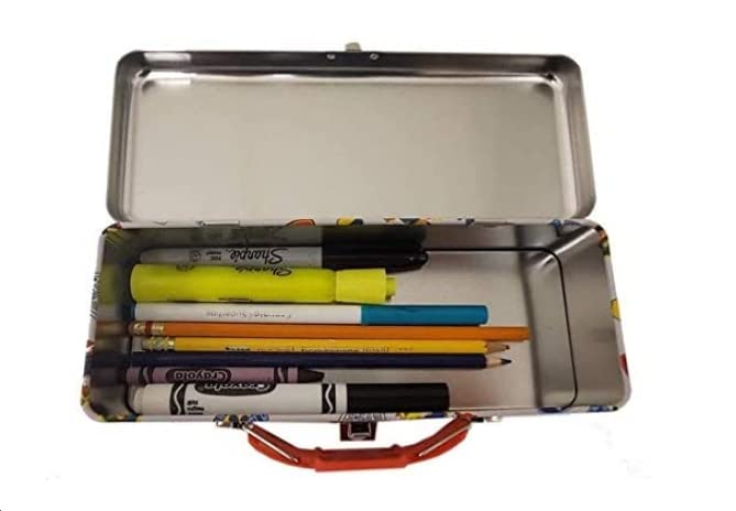 The Tin Box Company Bluey Pencil Box with Handle Clasp & Hinge, Model: 479407-12, Pencil Box with Handle, 8-3/8 x 3-3/8 x 2-1/4"D with hinge and clasp