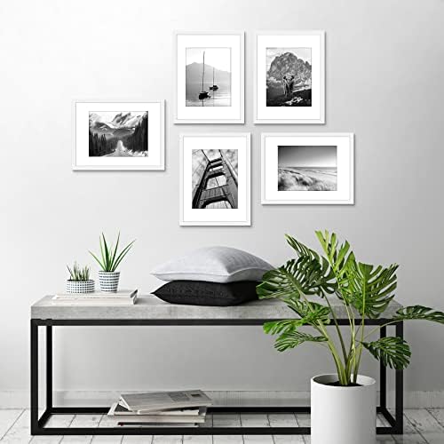 Americanflat 12x16 Picture Frame with Polished Plexiglass - Set of 5 - Use as 8.5x11 Frame with Mat or 12x16 Frame Without Mat - Galleria Collection - Gallery Wall Frame Set for Wall Display - White