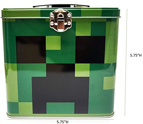 The Tin Box Company Minecraft Stack Store and Carry Tin. Stackable Tin Box with Handle,Green, Storage Box, 5.75" Height, Clasp and Hinge on Lid