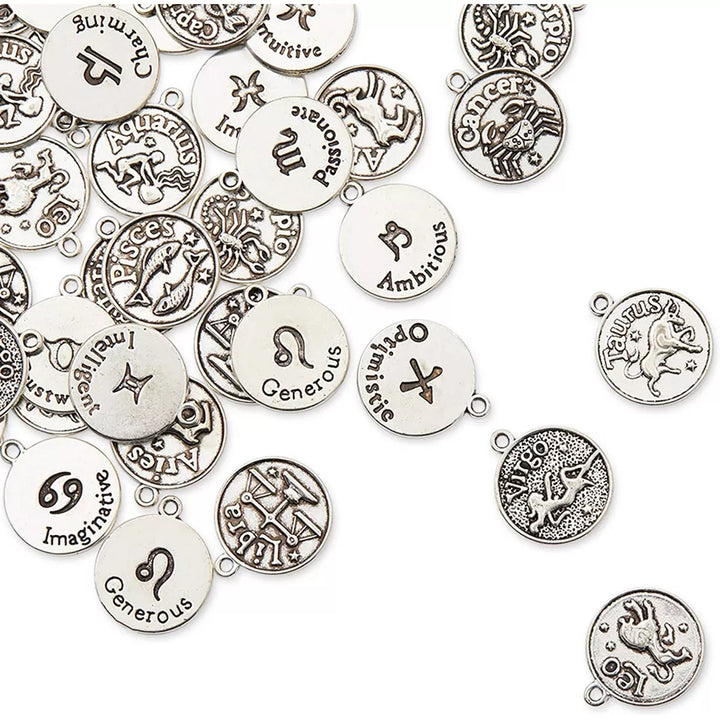 Bright Creations 72 Pieces Zodiac Sign Charms for DIY Jewellery Keychain & Bracelet Making, Silver