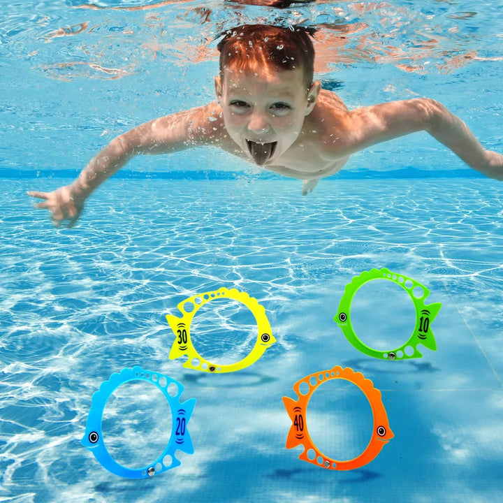 Blue Panda 12 Pack Fish Pool Rings for Kids Diving, Underwater Swim Dive Rings, Summer Sinking Swimming Toys, (7X6 In, 4 Colors)