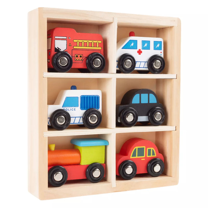 Toy Time Wooden Car Playset- 6-Piece Mini Toy Vehicle Set with Cars, Fire Trucks, Train-Pretend Play Fun