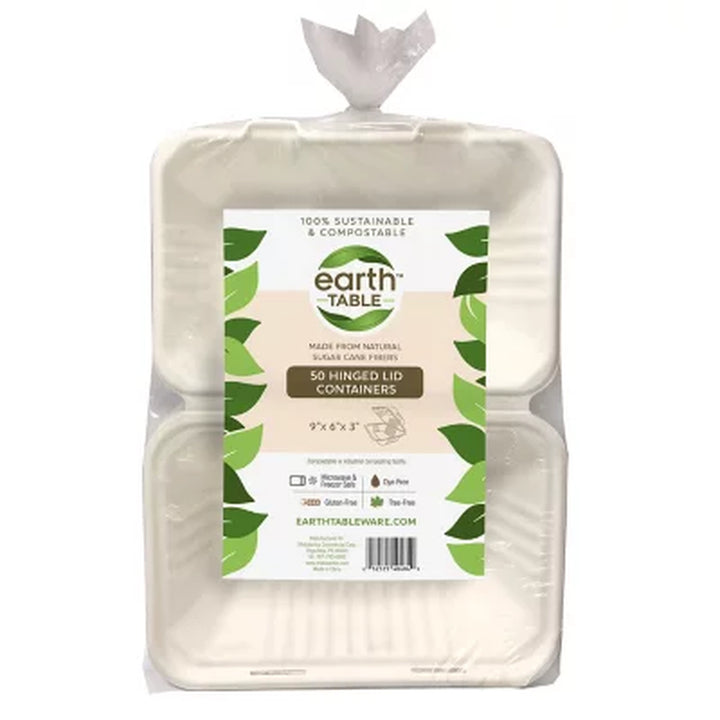 Earth Table Compostable Hinged Lid Carryout Container, 9"X 6"X 3" (50 Ct.)