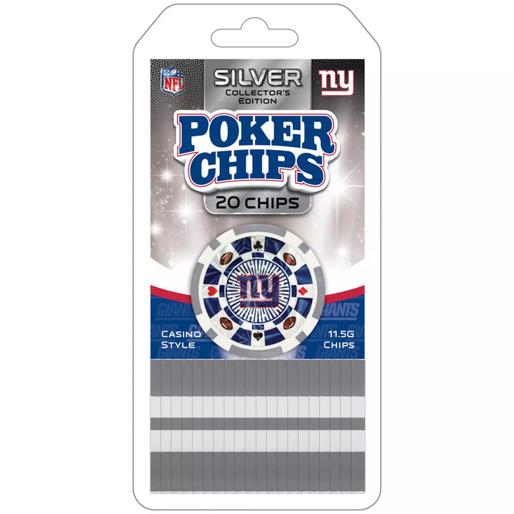 Masterpieces Casino Style 20 Piece 11.5 Gram Poker Chip Set NFL New York Giants Silver Edition.