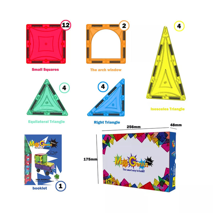 Mag Genius - 26 Pieces of Mathematically Shaped Colorful and Transparent Magnetic Building Tiles - Beginners and Traveling Play Set