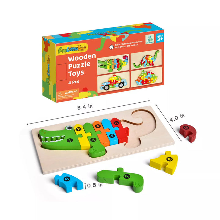 Fun Little Toys 4 PCS Wooden Animal & Vehicles Puzzle Set