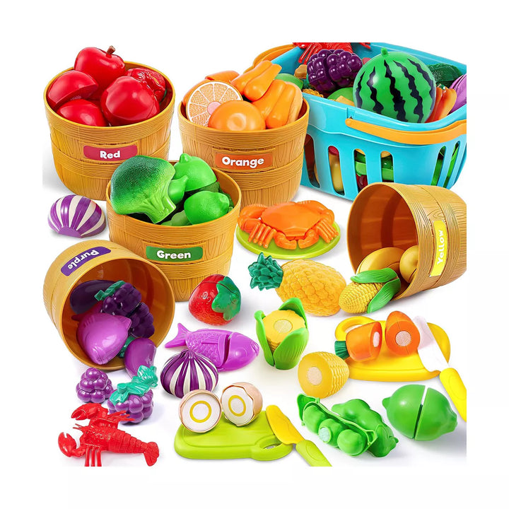 69Pcs Color Sorting Play Food Set - Learning Toys for Boys & Girls, Cutting Food Toy, Kitchen Accessories for Kids, Sorting /Fine Motor Skills Toy